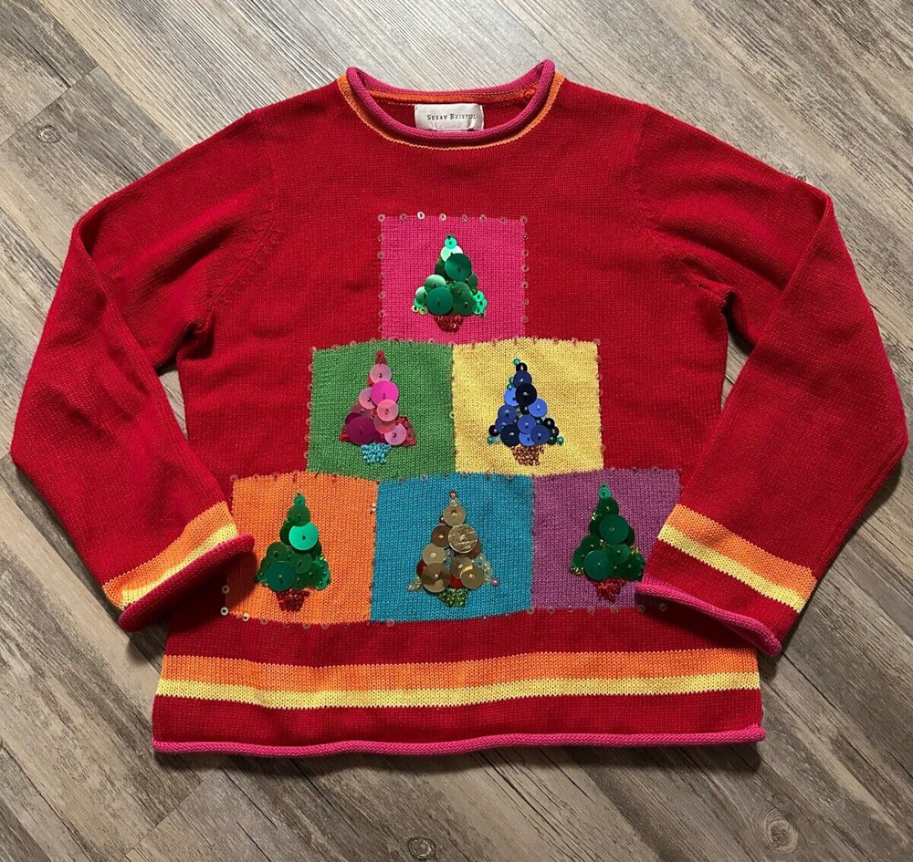Susan Bristol Christmas Tree Sequin Sweater Red Size Medium